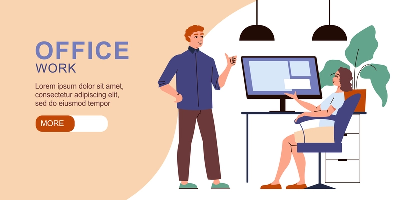 Office flat composition with man and woman having conversation at working place vector illustration