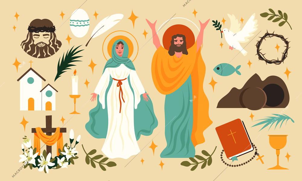 Easter flat icons set with biblical characters and holy symbols isolated vector illustration