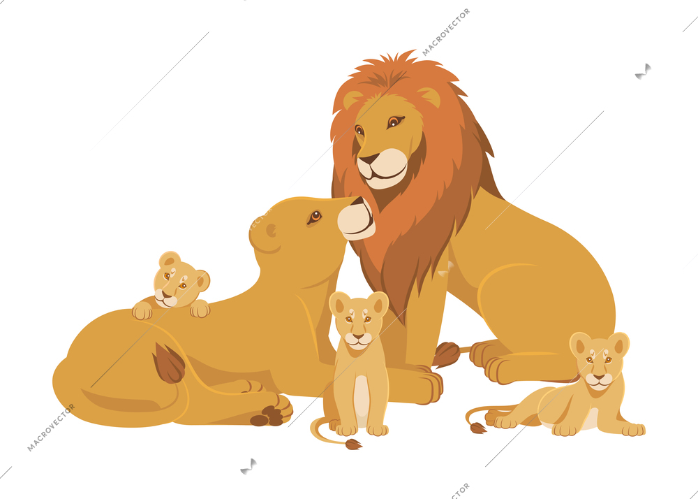 Lion family cartoon composition with father mother lioness and three cubs vector illustration