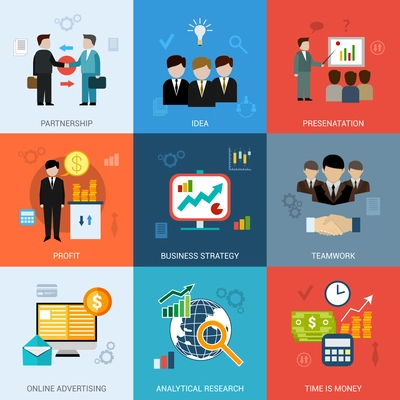 Business concepts set with partnership idea presentation profit strategy teamwork icons isolated vector illustration