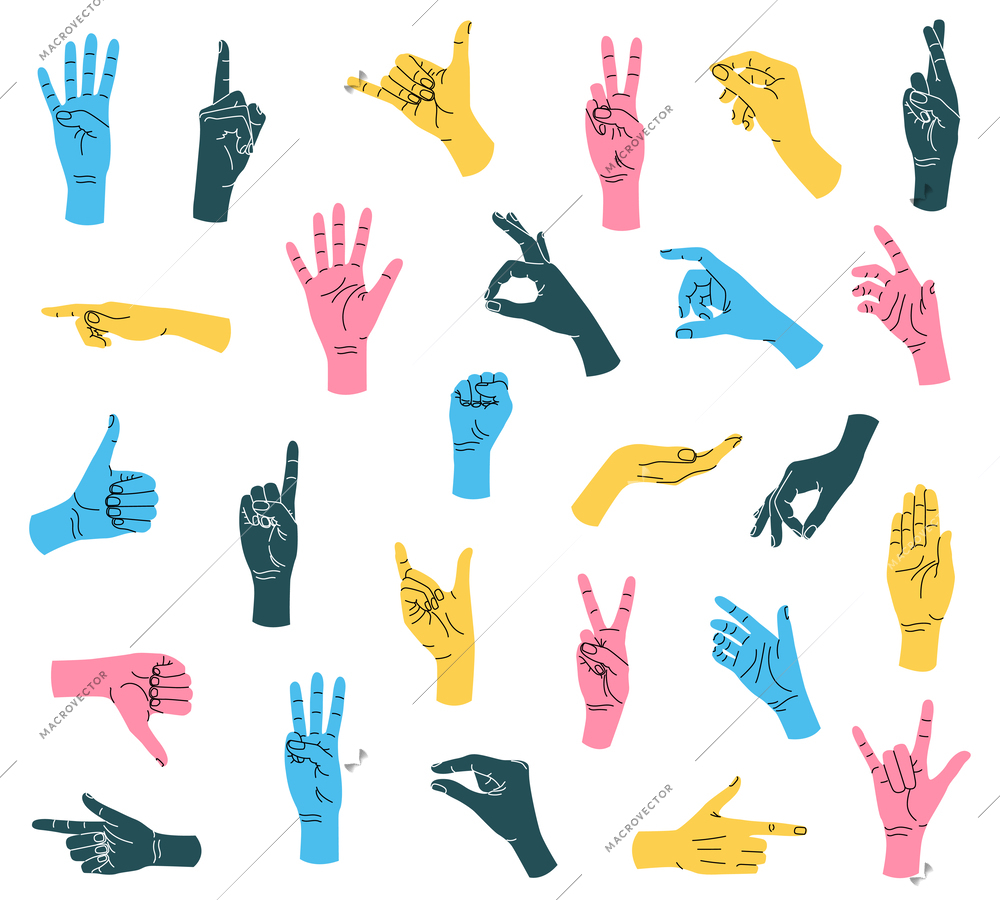 Hands cartoon icon set black pink yellow and light blue hands showing different gestures vector illustration