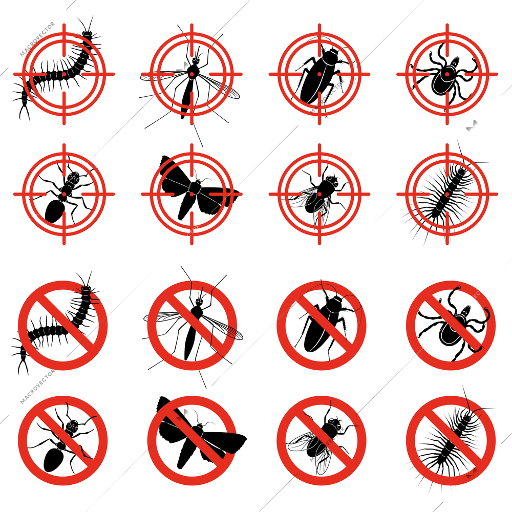 Harmful insects monochrome ban signs icon set moth caterpillars worms cockroaches beetles ticks fleas and other insects in the middle of a red target vector illustration
