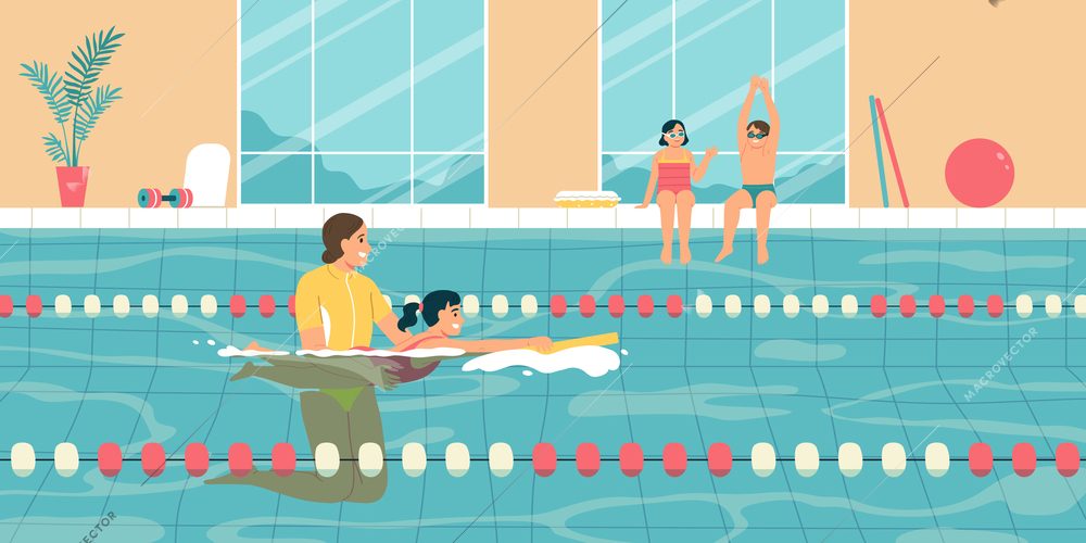 Happy children having swimming class in pool with female coach flat vector illustration