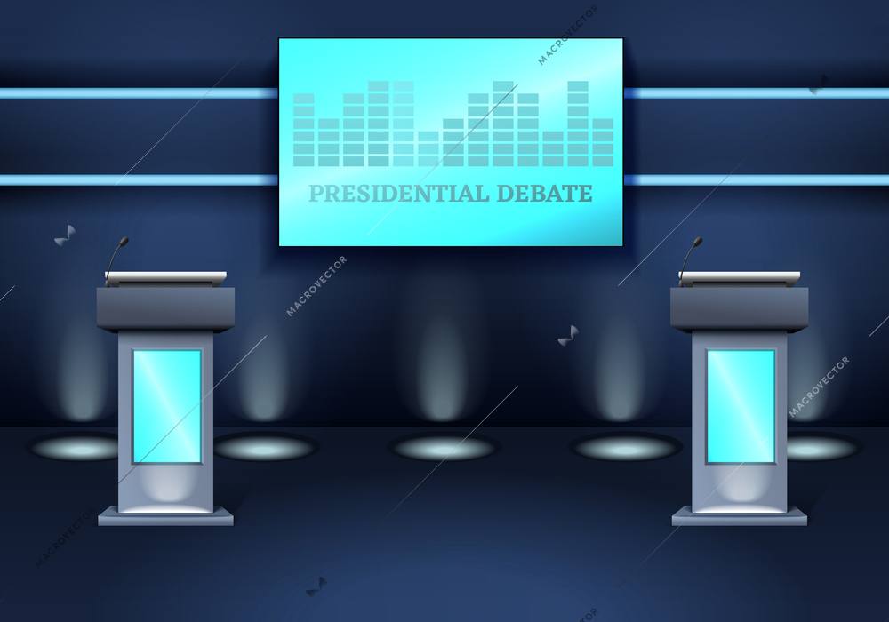 Elections voting realistic composition with indoor view of studio for presidential debates with tribunes and screen vector illustration