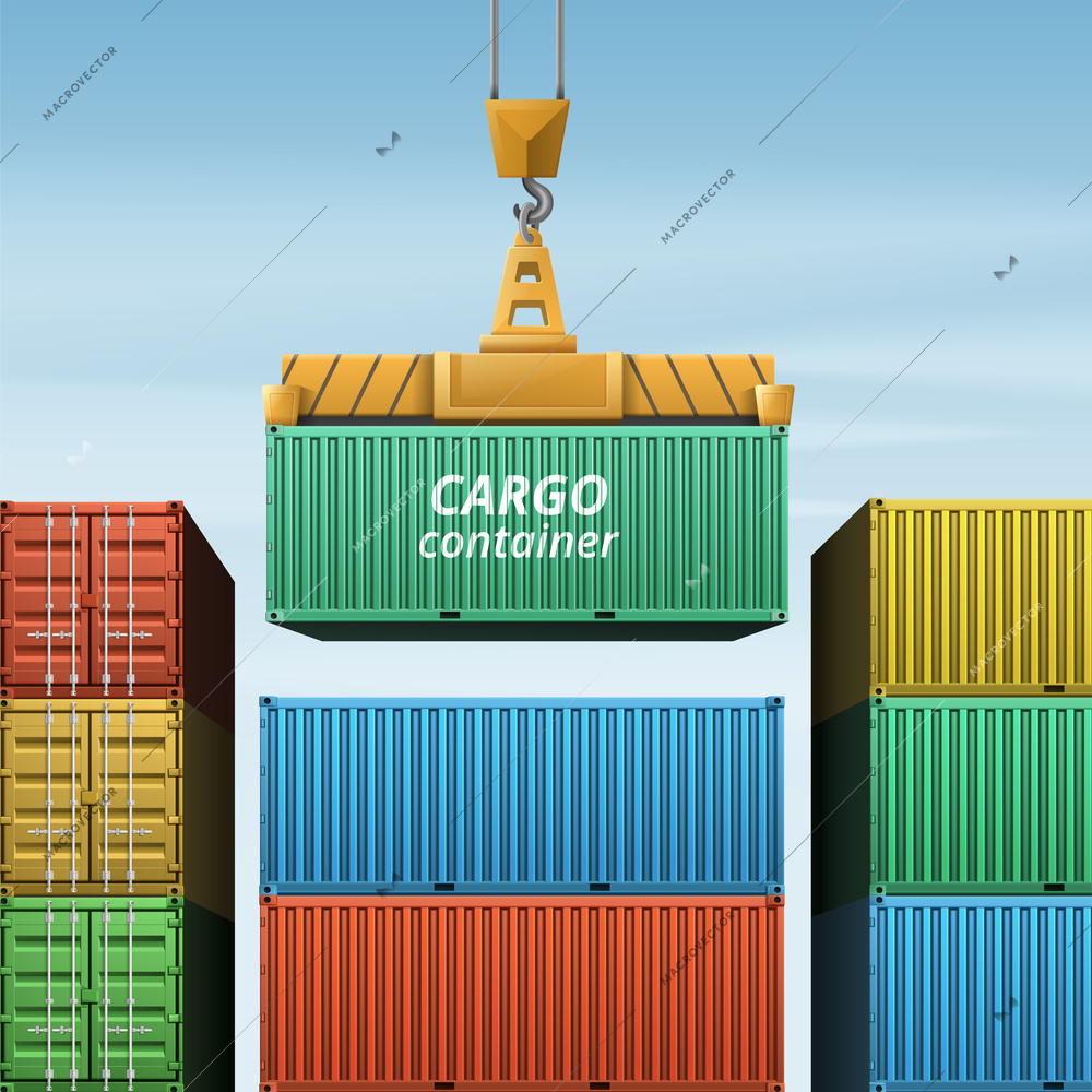 Cargo container realistic composition with outdoor view of underhung crane loading hanging cargo container on stack vector illustration