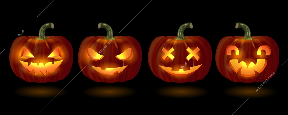 Halloween realistic composition with collection of festive pumpkins with cutout illuminated from inside on black background vector illustration