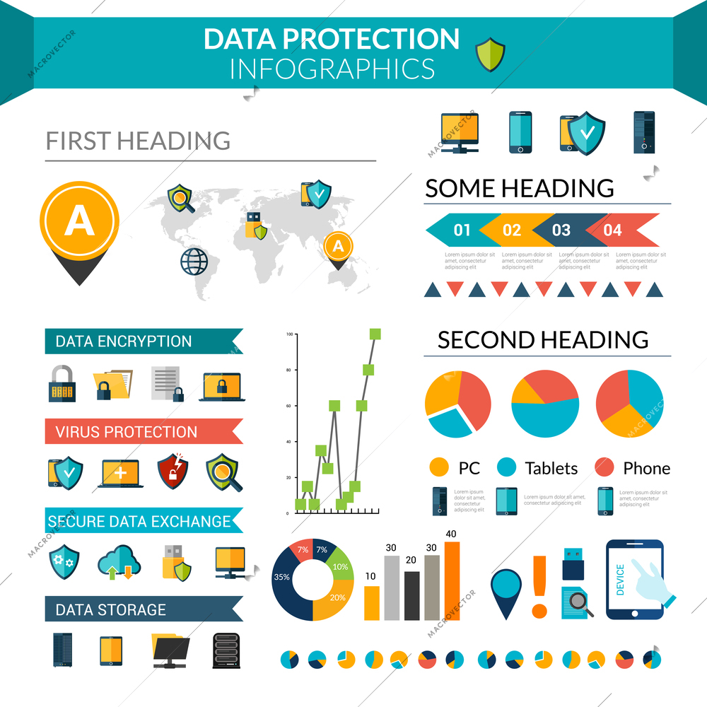 Data protection infographics set with safe information storage symbols and chart vector illustration