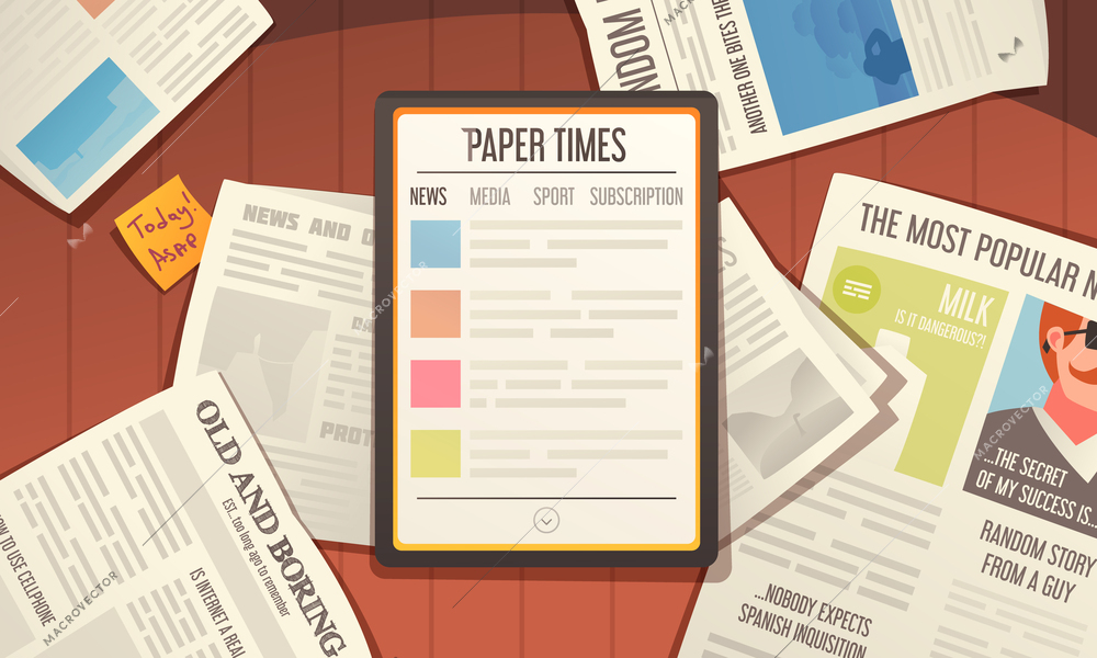 Newspaper cartoon concept with paper medium and electronic tablet on table vector illustration
