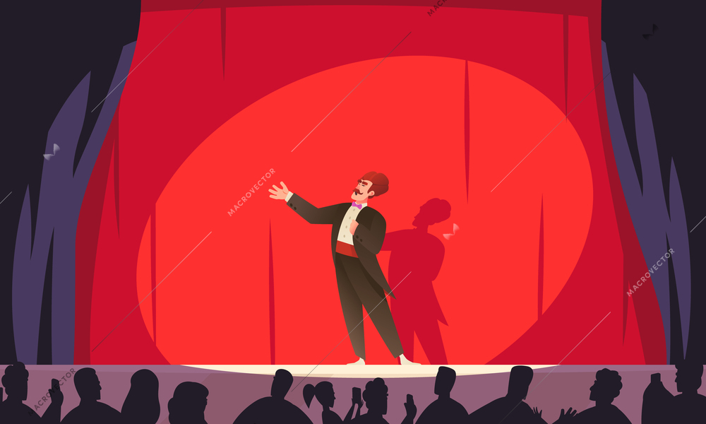 Artist perfomance cartoon scene with male singer in classical costume on stage vector illustration