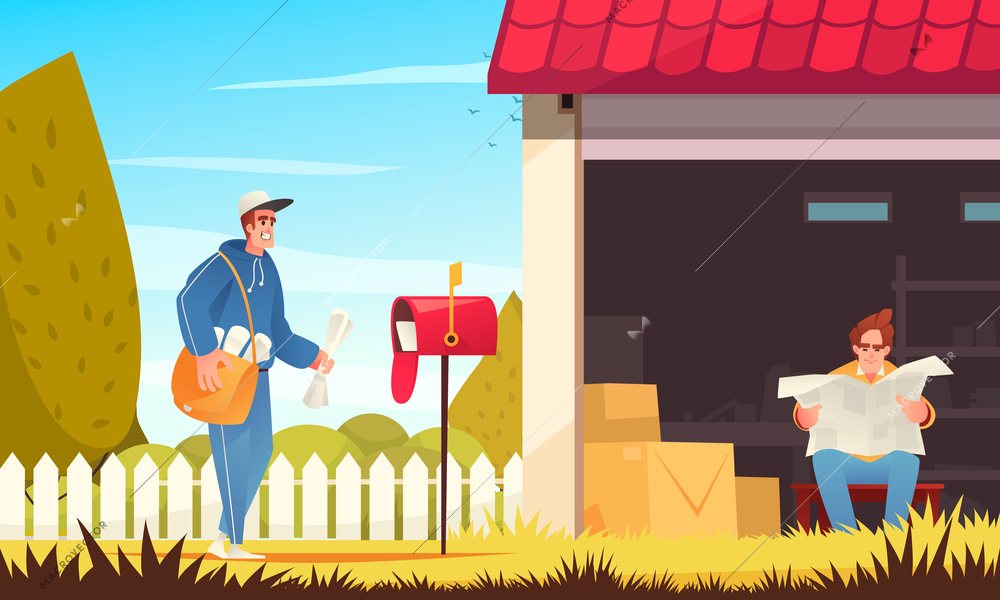 Postman newspaper cartoon poster with delivery man and person reading paper medium vector illustration