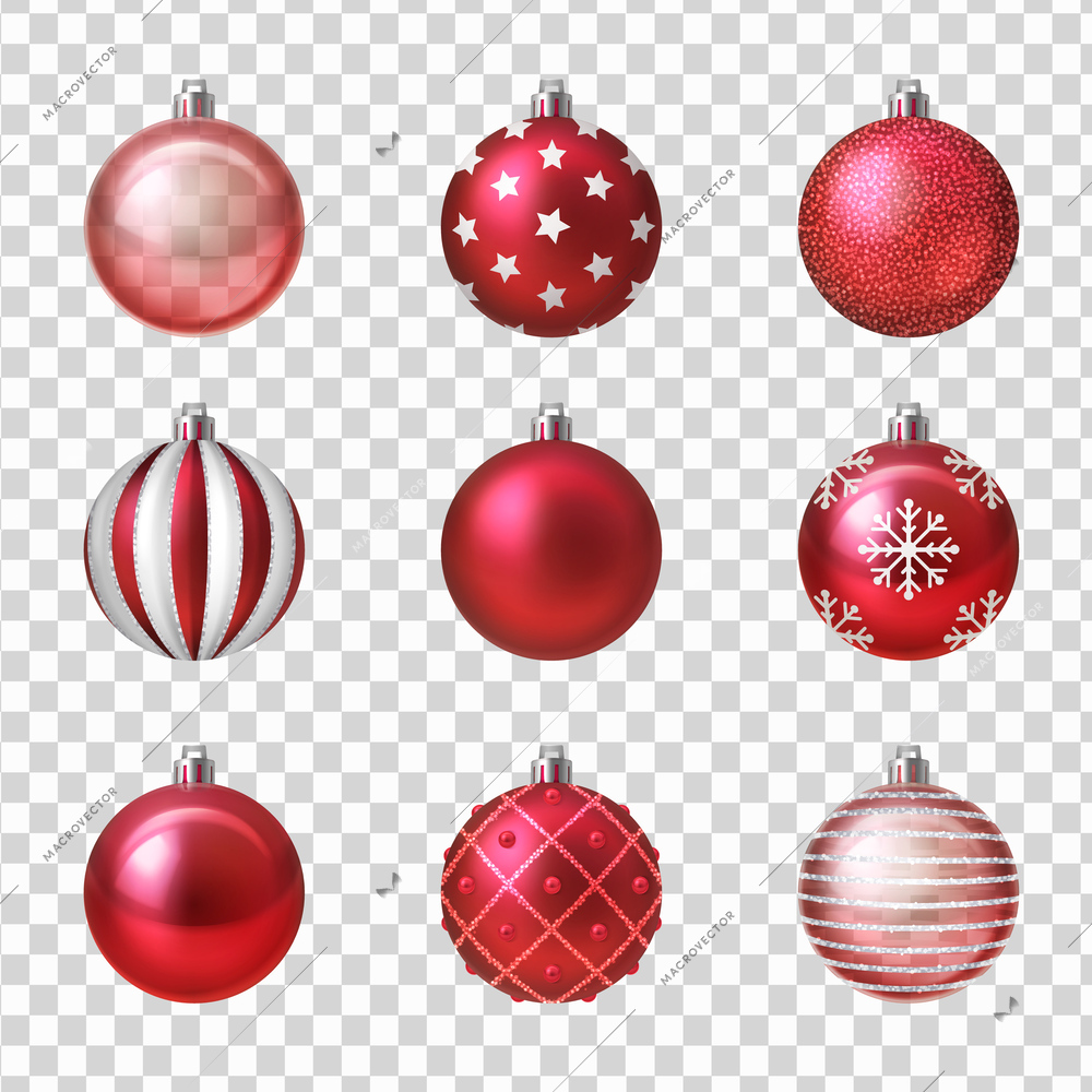 Realistic christmas balls set with glossy red and white new year baubles isolated on transparent background vector illustration