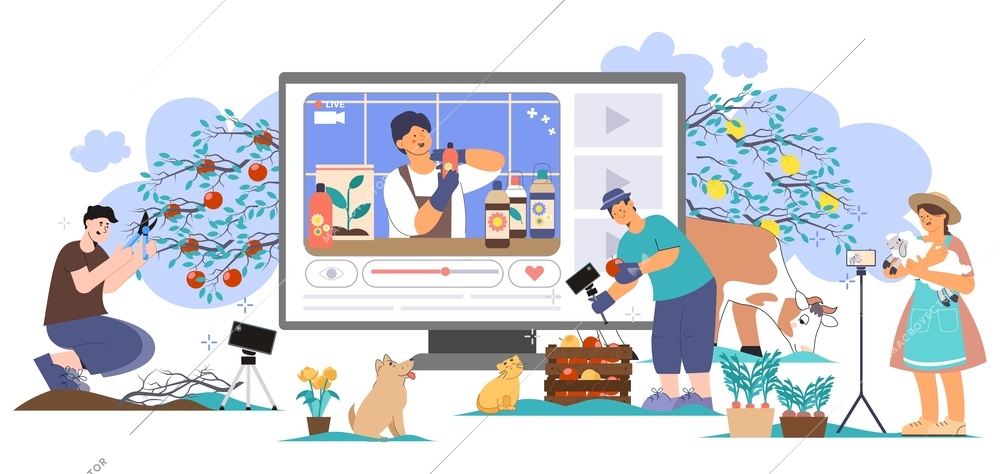 Farmer blog flat composition with garden scenery and workers surrounding big desktop computer with gardening blogger vector illustration