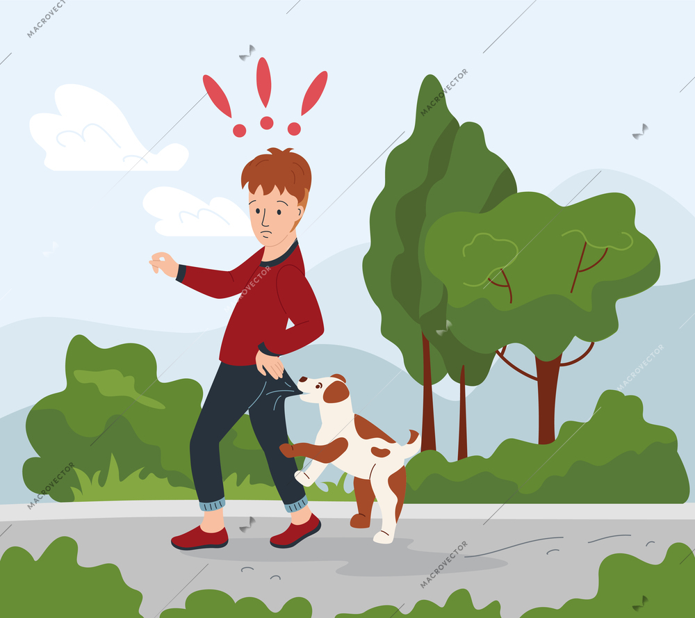 Household injuries flat composition with outdoor landscape and doodle character of boy getting bite from dog vector illustration