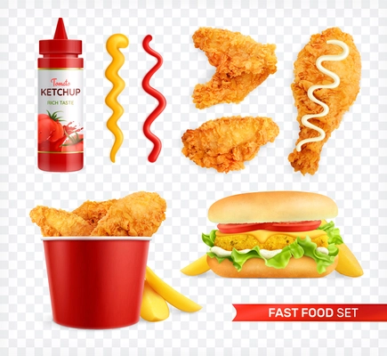 Chicken fast food realistic set with isolated images of chicken wings burger bucket and sauce spots vector illustration