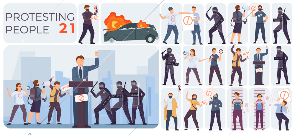 Protest revolution flat composition set figures of police officers in protective uniforms with shields and protesters with placards a burning car vector illustration