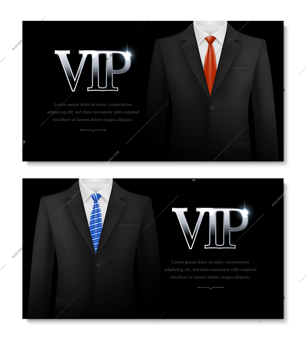 Realistic set of two horizontal vip card invitation banner templates with elegant male suits and neckties isolated vector illustration