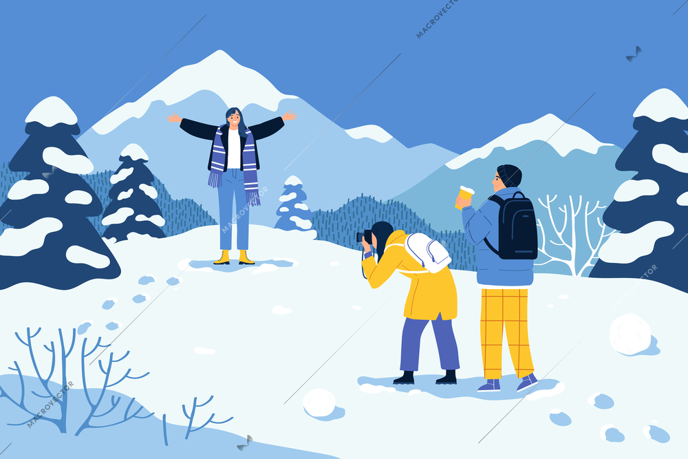 Happy friends in warm outwear spending winter holiday together taking photo with snow capped mountains in background flat vector illustration