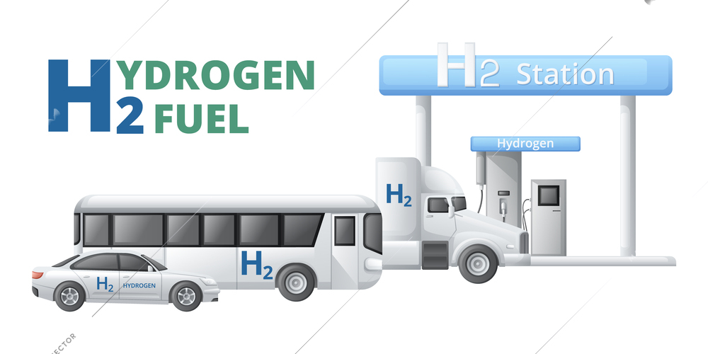 Green hydrogen energy fuel generation cartoon composition with text and images of car bus and truck vector illustration