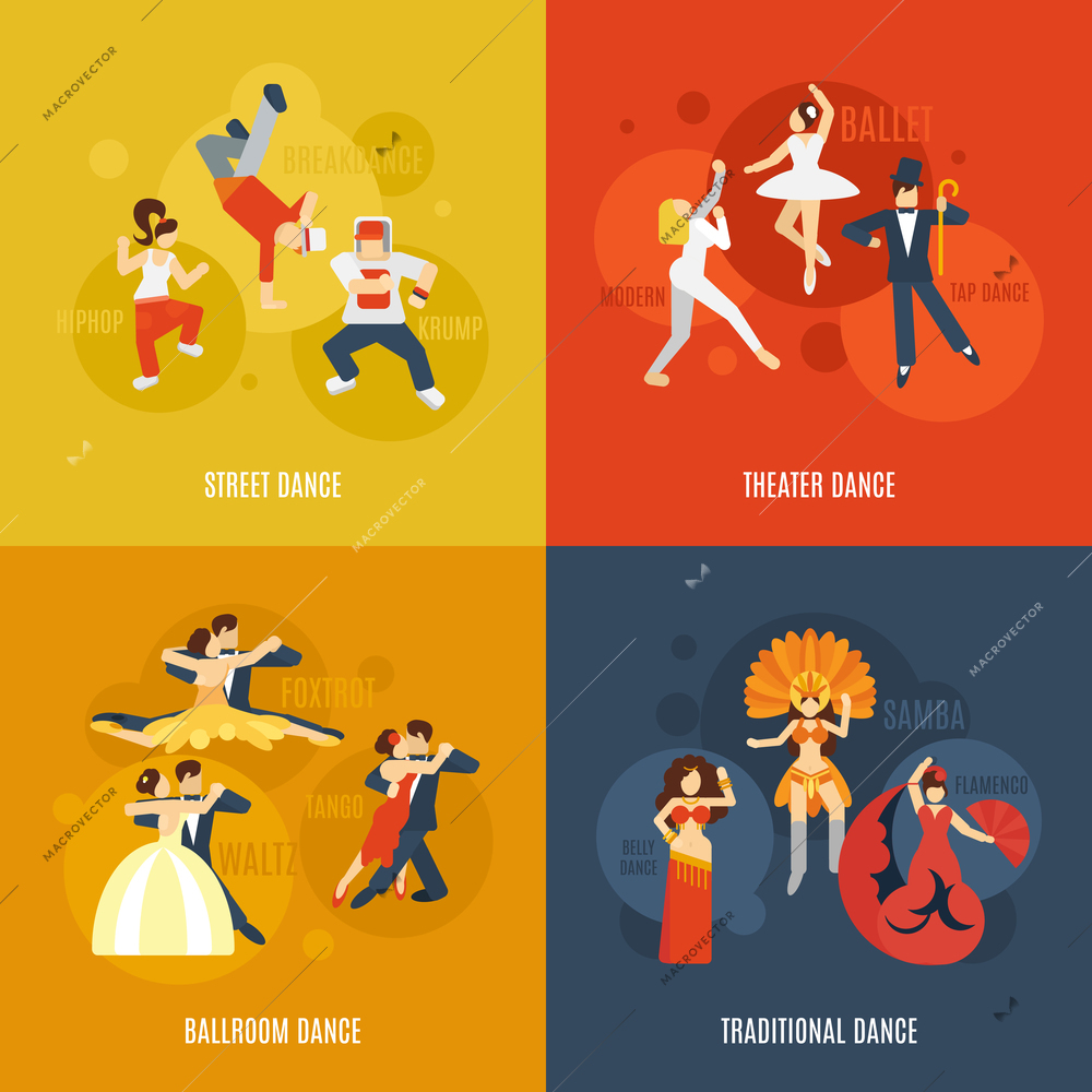 Dancing style design concept set with street theater ballroom traditional dance flat icons isolated vector illustration