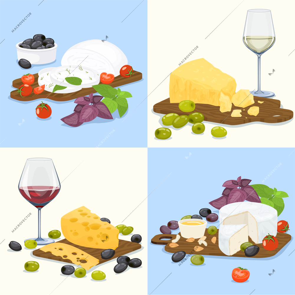 Four squares cheese flat colored icon set mozzarella on a cutting board piece of cheese with wine olives and fruit vector illustration