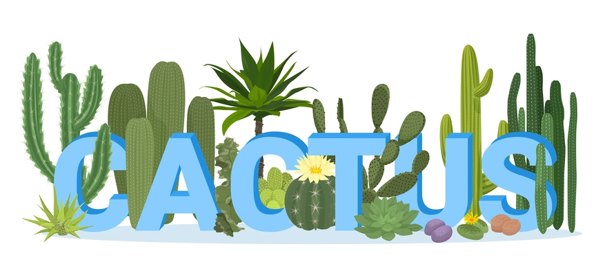 Cactuses flat colored composition with green cactuses and big light blue letters vector illustration