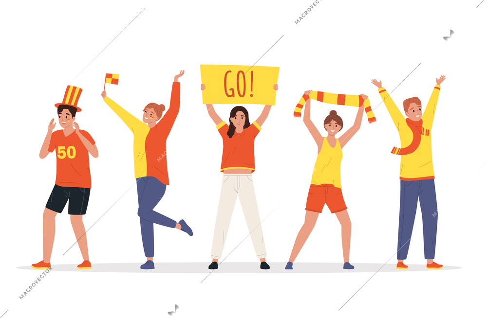 Happy shouting male and female sport fans with colorful attributes flat composition vector illustration