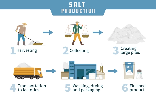 Salt production stages flat infographics with workers machinery and finished product vector illustration