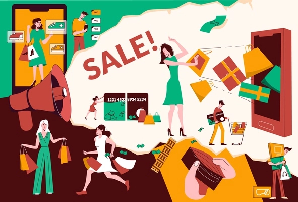 Shopaholic shop addiction flat collage composition different situations a woman spends her last money on things vector illustration