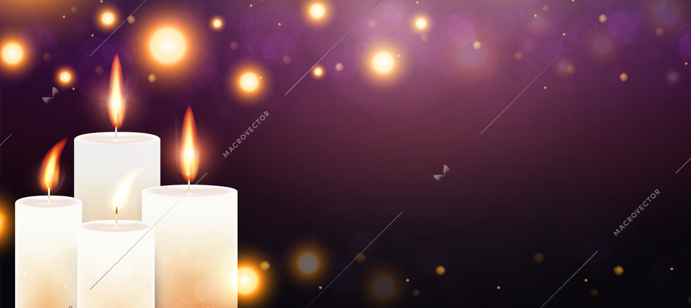 Realistic background with burning decor wax candles and bokeh effect vector illustration