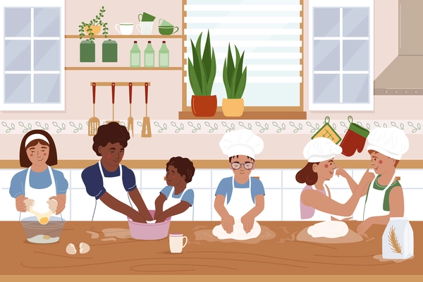 Childish cooking school flat poster demonstrated group of children  kneading dough under supervision of adult mentors vector illustration