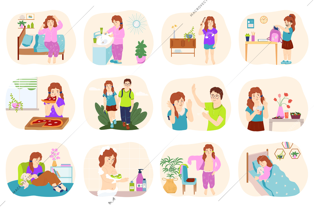 Child daily routine from awakening to sleeping flat icons with little characters independently performing various tasks isolated vector illustration