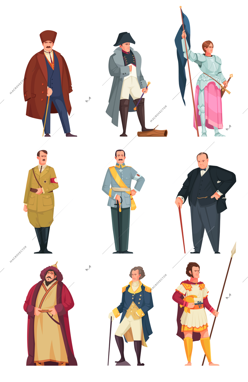 Historical people icons set with famous national generals flat isolated vector ilustration