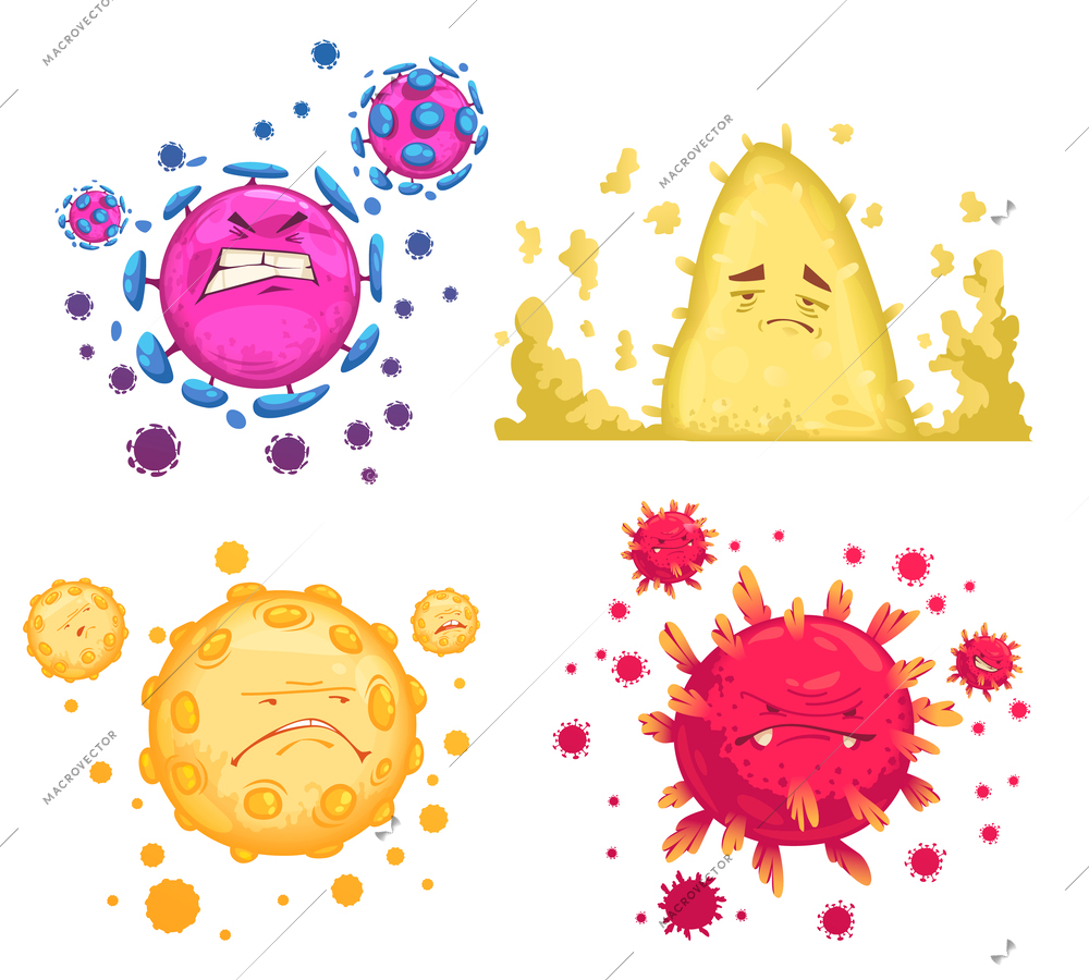 Bacteria and virus compositions set with microbes symbols flat isolated vector illustration