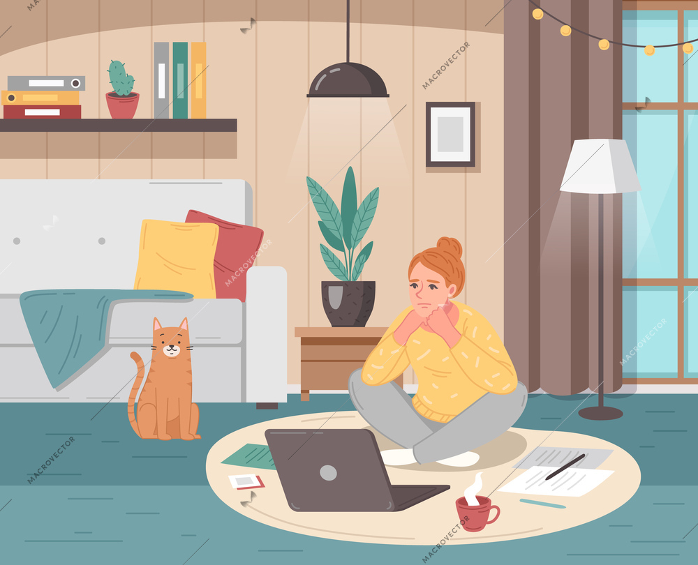 Depressed woman experiencing professional burnout sitting on floor with cup of coffee trying to work on laptop cartoon vector illustration