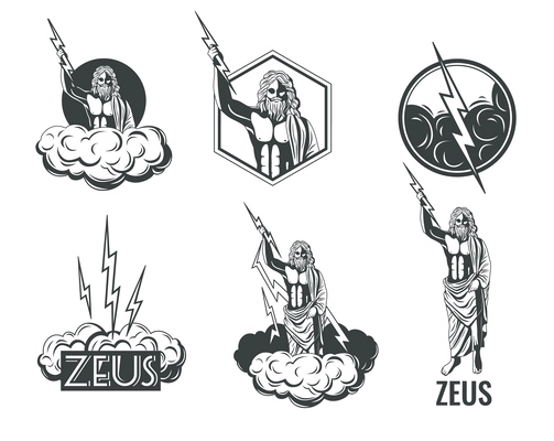 Zeus greek olympian god with lightnings black and white emblems set isolated on white background vector illustration