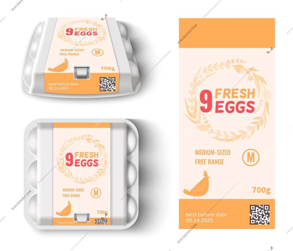 Chicken eggs package mockup and label template isolated against white background realistic vector illustration