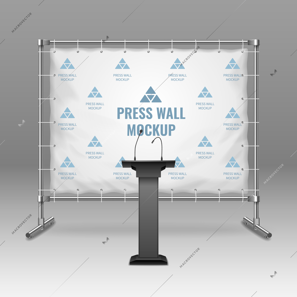 Realistic press wall mockup behind speech tribune with microphones on grey background vector illustration