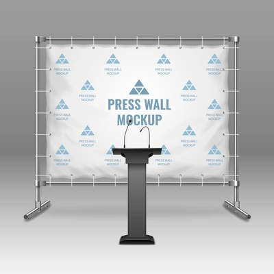 Realistic press wall mockup behind speech tribune with microphones on grey background vector illustration