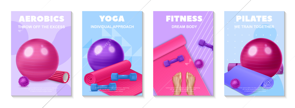 Reaslistic poster set with yoga and pilates equipment isolated vector illustration