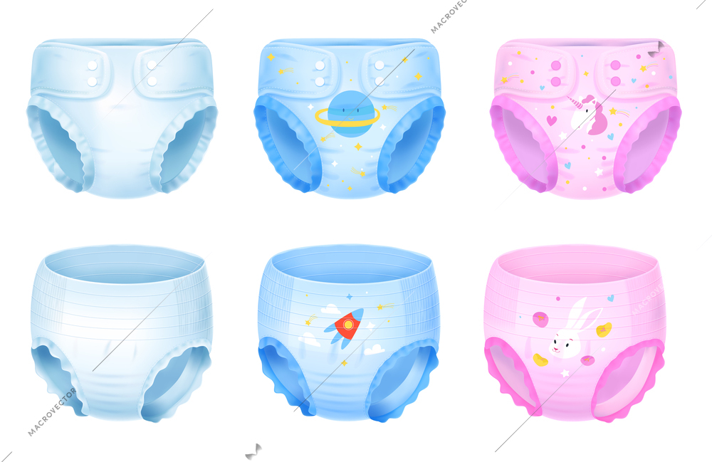 Realistic boys and girls diaper icons set isolated vector illustration