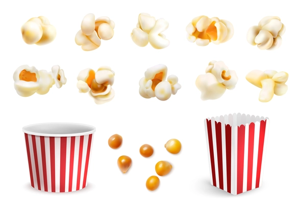 Realistic popcorn grains fluffy pieces and carton bucket icons set isolated vector illustration