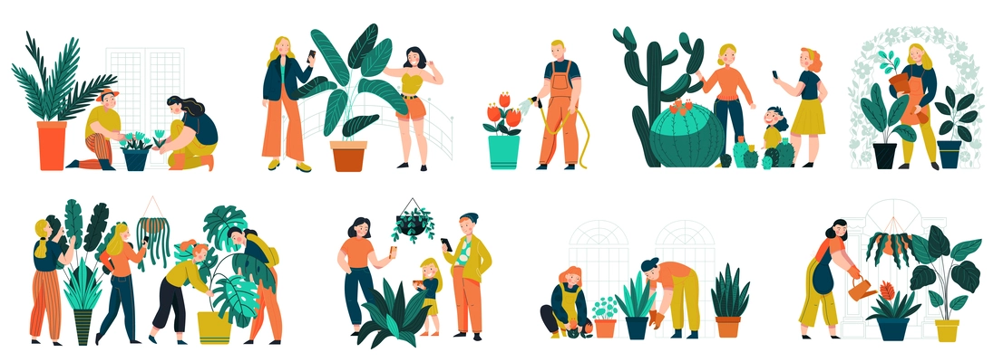 Botanical garden colorful icons set with people growing plants isolated vector illustration