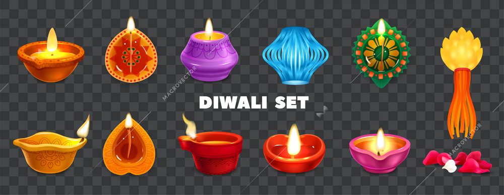 Realistic diwali icons set with traditional holiday lamps on transparent background isolated vector illustration