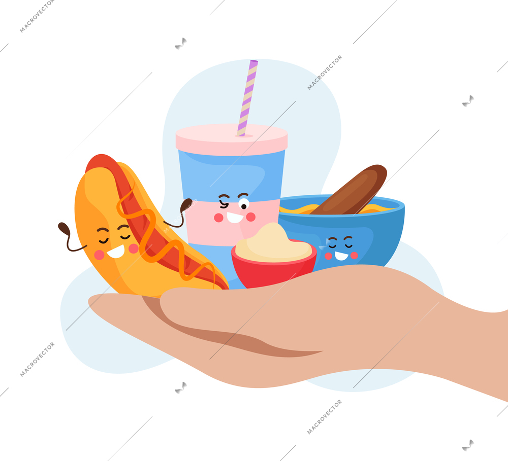 Taco cartoon concept with traditional mexican meals on human palm flat vector illustration