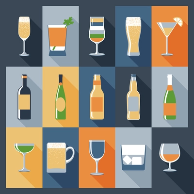 Drink decorative icons flat set with alcohol in bottles and glasses isolated vector illustration