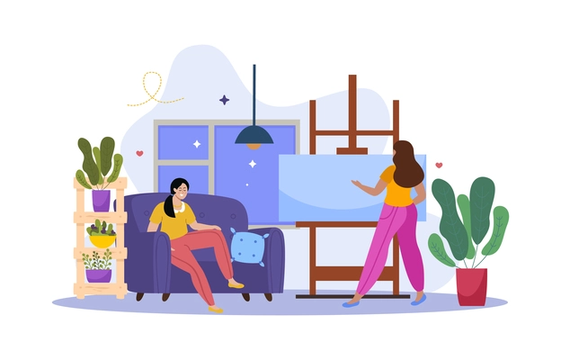 Creative people flat home composition with young artist girl demonstrating her artwork to her girlfriend vector illustration