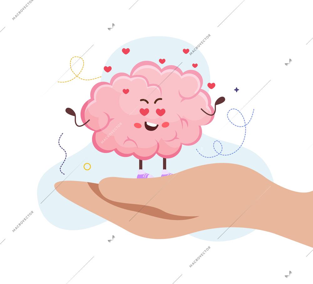 Love flat design concept with joyful cartoon brain character surrounded by little red hearts on human hand vector illustration