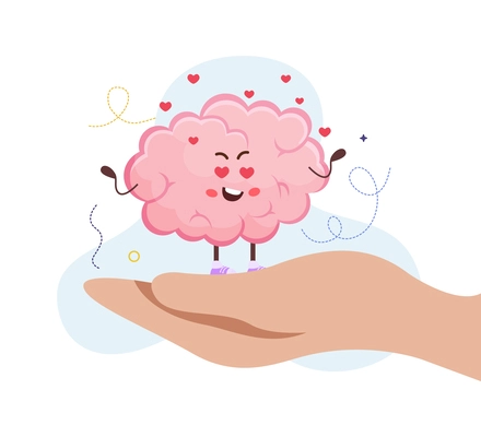 Love flat design concept with joyful cartoon brain character surrounded by little red hearts on human hand vector illustration