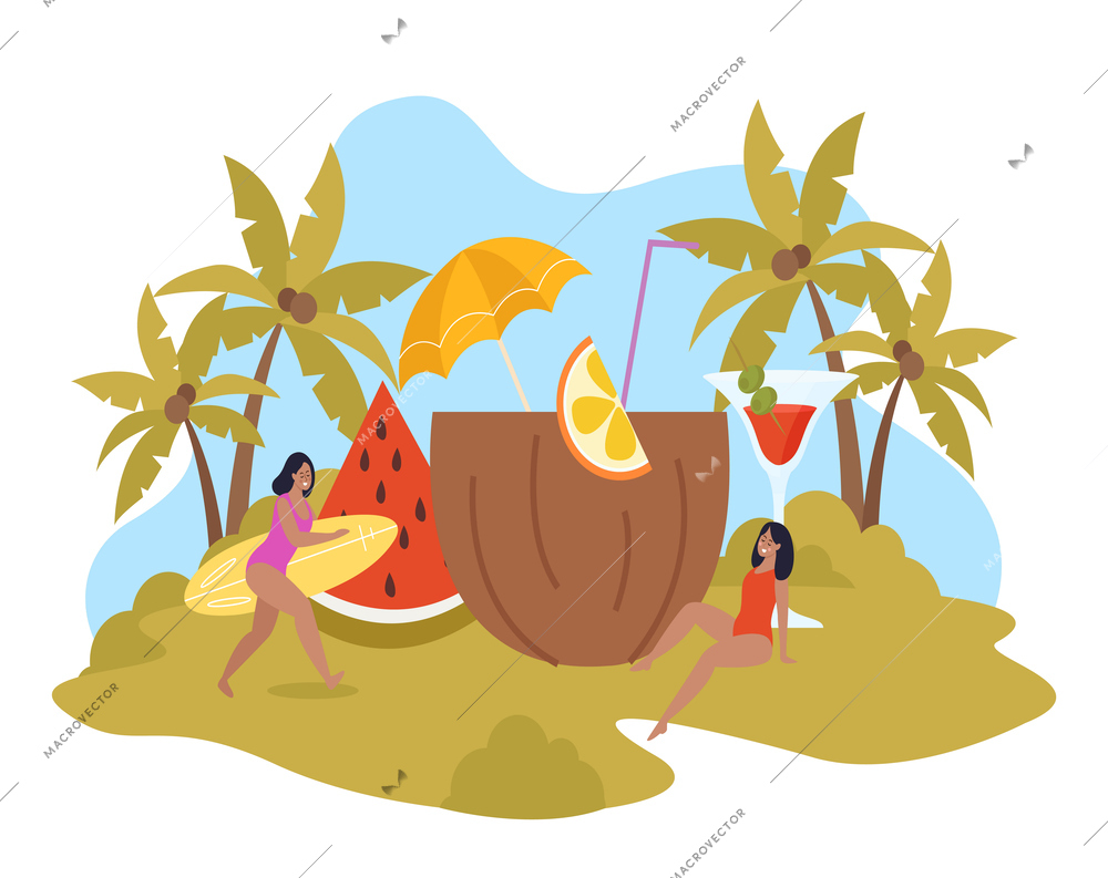 Relax and chill flat background with two girls in swimsuits sunbathing and swimming on surfboard vector illustration