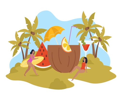 Relax and chill flat background with two girls in swimsuits sunbathing and swimming on surfboard vector illustration